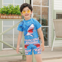 New childrens swimsuit boy primary and secondary school students infant cartoon shark split short sleeve quick-drying swimsuit