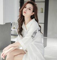 South Korea 2021 new summer fashion ice silk nightdress loose boyfriend wind White Shirt long silk pajamas