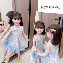 Girls dress cheongsam collar summer dress 2023 new foreign style childrens retro Chinese style pearl sleeve cheongsam skirt tide