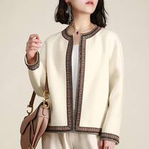 NZ custom light luxury retro heavy industry ethnic ribbon short double-sided cashmere coat womens small woolen jacket