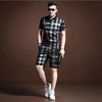 European station suit mens shorts two-piece plaid embroidery short-sleeved polo shirt mens trendy handsome top shorts