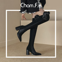 Pointed knee boots autumn and winter new leather thick heel slim boots plus velvet high heel slim boots children 588C