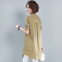 Short-sleeved shirt womens long 2021 popular new spring and summer top temperament wild cotton striped high-end shirt
