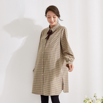 Pregnancy color 21 early spring a variety of wear cotton elegant Plaid pregnant women shirt skirt with vest
