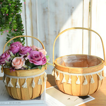 Flower basket picnic basket ins flower arrangement weaving flower pot rattan portable Japanese round flower basket gardening basket flower basket