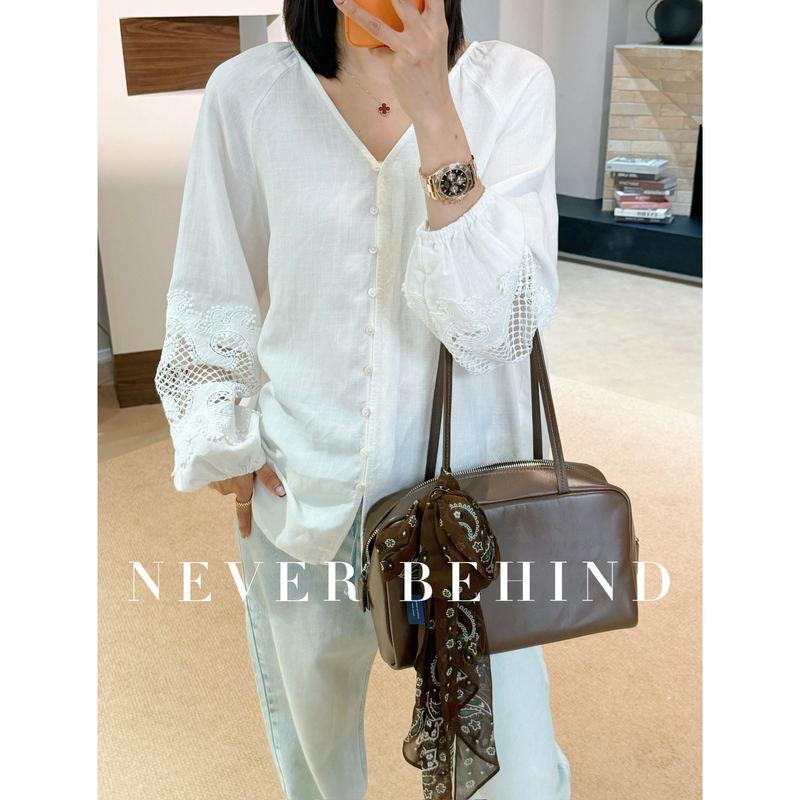3.22 Never Behind Hollow-Out Lace Patchwork Shirt, Cotton and Linen Breathable, French-Style Gentle Shirt