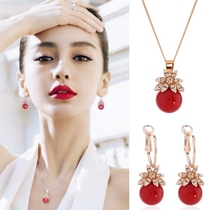 Korean cute lucky red bead petal Crystal earring necklace set sweet temperament long earring earrings