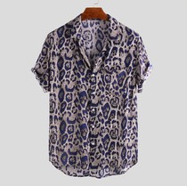 Mens Autumn Leopard Print Lapel Print Short Sleeve Shirt