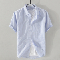 Linen short-sleeved shirt Mens 2020 stand-up collar cotton and linen pure white shirt Mens casual linen material top clothes
