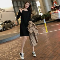 South Korea 2021 Autumn New Loose Straight Small Small Black Skirt Dress Large Size Women base skirt Long Sleeve
