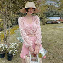 Korean ins split swimsuit womens three-piece summer skirt style thin Belly Belly high waist sexy blouse gathering fairy fan