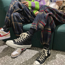 Summer Hong Kong style ins drawstring drawstring casual plaid pants mens trend loose straight pants Korean style trend all-match