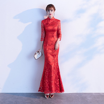 Red cheongsam 2021 new slim fishtail toast dress long lace temperament bride wedding back door engagement