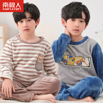 Boy flannel pajamas thickened winter plus velvet little boy autumn and winter children coral velvet home clothing middle and Big Boy