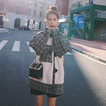 sandro bassa2021 autumn winter new high-end retro splicing black and white lattice lambs wool coat jacket female winter