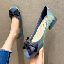 Butterfly knot single shoe woman in heel 2022 spring new gentle late evening shoes coarse heel ladies big code womens shoes 41 1 43