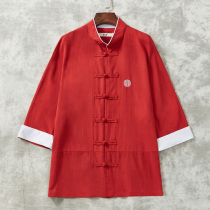 Summer seven-point sleeve linen shirt mens stand collar Tang suit solid color Chinese cotton linen jacket