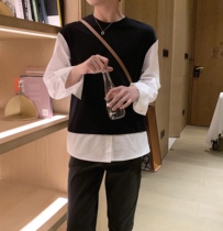 A tea and Agu splicing fake two clothes mens round neck loose trend spring wild casual couple top