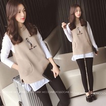 Pregnant women autumn and winter suit 2020 new foreign style Korean fashion net red sweater vest two-piece dress suit