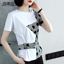 Sea Green Blue 2022 Summer New Round Neckline Polo Dot gig temperament 100 hitch blouse with slim t-shirt 17393