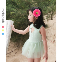 2021 new childrens baby one-piece swimsuit Korean version mesh fashion bikini solid color cute girls swimsuit