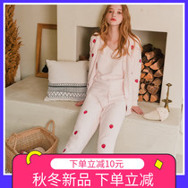 Japanese soft winter warm coral velvet plush cute strawberry sweet girl pajamas sling robe three sets