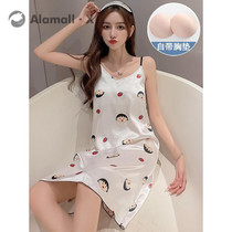 Suspender ice silk nightgown women summer thin pajamas with chest cushion summer cute silk dress cartoon homewear