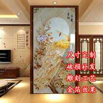 Custom art tempered glass screen background partition boutique deep carved gold foil European style Peacock