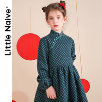 LittleNaive childrens clothing girls winter dress thickened 2021 new floral Chinese style cheongsam skirt