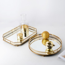 Light luxury cosmetics storage tray Nordic rectangular metal coffee table home gold glass mirror storage tray