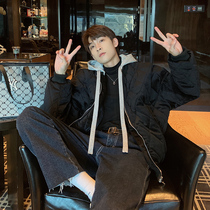 Hualun Winter Korean version loose hood fake two pieces baseball cotton clothes mens tide brand ins hooded cotton jacket