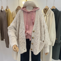 Lolora twist sweater cardigan womens winter New Korean straight simple solid color v neck long sleeve jacket coat