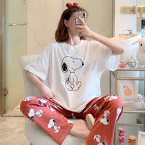 Cotton Pajamas Women 2021 New Summer Fashion Thin Loose Short Sleeve Pants Cartoon Print Home Clothes Set