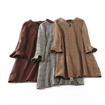 4223 plaid dress autumn new 2019 Korean version of the female round neck fashion wild horn sleeve base skirt tide