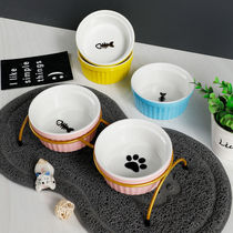 Pet dining table cartoon ceramic bowl double bowl wire bowl rack can be separated and easy to clean anti-turning cat bowl dog bowl food bowl bowl