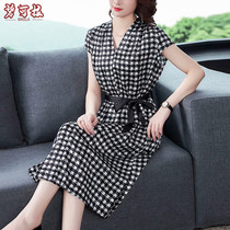 Summer womens Ladys mothers thousand birds grid dress wide wife fat mm foreign style cover belly fat mans stomach fat dress