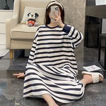 Nightdress female spring and autumn net red wind pajamas large size pregnant women summer stripes long new princess wind 2022 dark blue