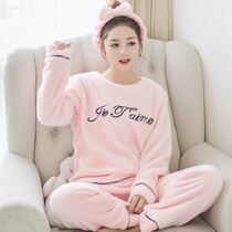 Winter flannel pajamas women thick autumn long sleeve coral velvet pullover student pajamas set warm home wear