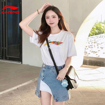 Li Ning Short Sleeve T-shirt Woman Pure Color Round Collar Sports Blouse 2022 New Pure Cotton Breathable Big Print Flowers Half Sleeve Compassion