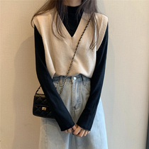 2021 Spring and autumn new Korean version of the outside lapped waistcoat Shoulder Sweater Knitted Waistcoat for womens autumn clothes with short style waistcoat