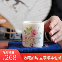  White porcelain sheep fat jade master cup Heavy industry hand-painted lotus single cup peony tea cup Ceramic single tea cup Household