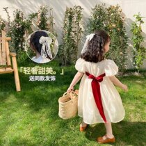 Girls pearly pearl fish Ji Lian dress Summer dress Han version female baby Bubble Sleeves Butterfly Knot Princess Gown Dress