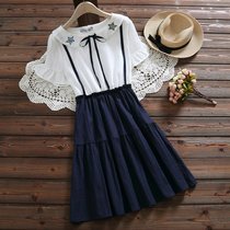 Summer New 12 junior high school students bow embroidery 16 girls fake two-piece strap short sleeve dress