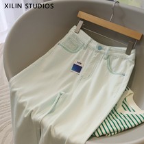 Sky Silk Cotton Light Bean Green Broadlegged Pants Light National Wind Design Summer High Waist Straight Drum Jeans Woman Breathable Pendant