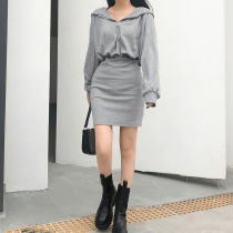 H home European and American style design sense drawstring zipper hooded sweater skirt womens bag hip slim waist high solid color skirt