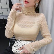 Mesh base shirt female 2021 New lace shirt hollow thin interior wear Korean version of Joker long sleeve very fairy top