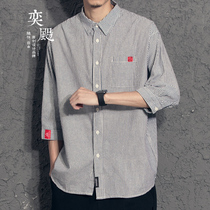 Yixiao Japanese retro shirt mens short sleeve youth stripes seven-point sleeve shirt tide summer casual loose shirt