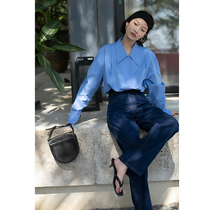 Rui time retro doll collar blue shirt womens shirt white long sleeve casual commuter spring and autumn loose top