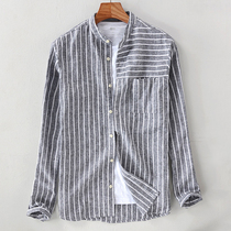 Literary men autumn linen shirt long sleeve casual Korean trend handsome Japanese vertical stripe cotton shirt