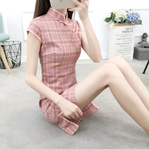 Cheongsam skirt 2021 new female young retro plaid daily girl dress small man improved short